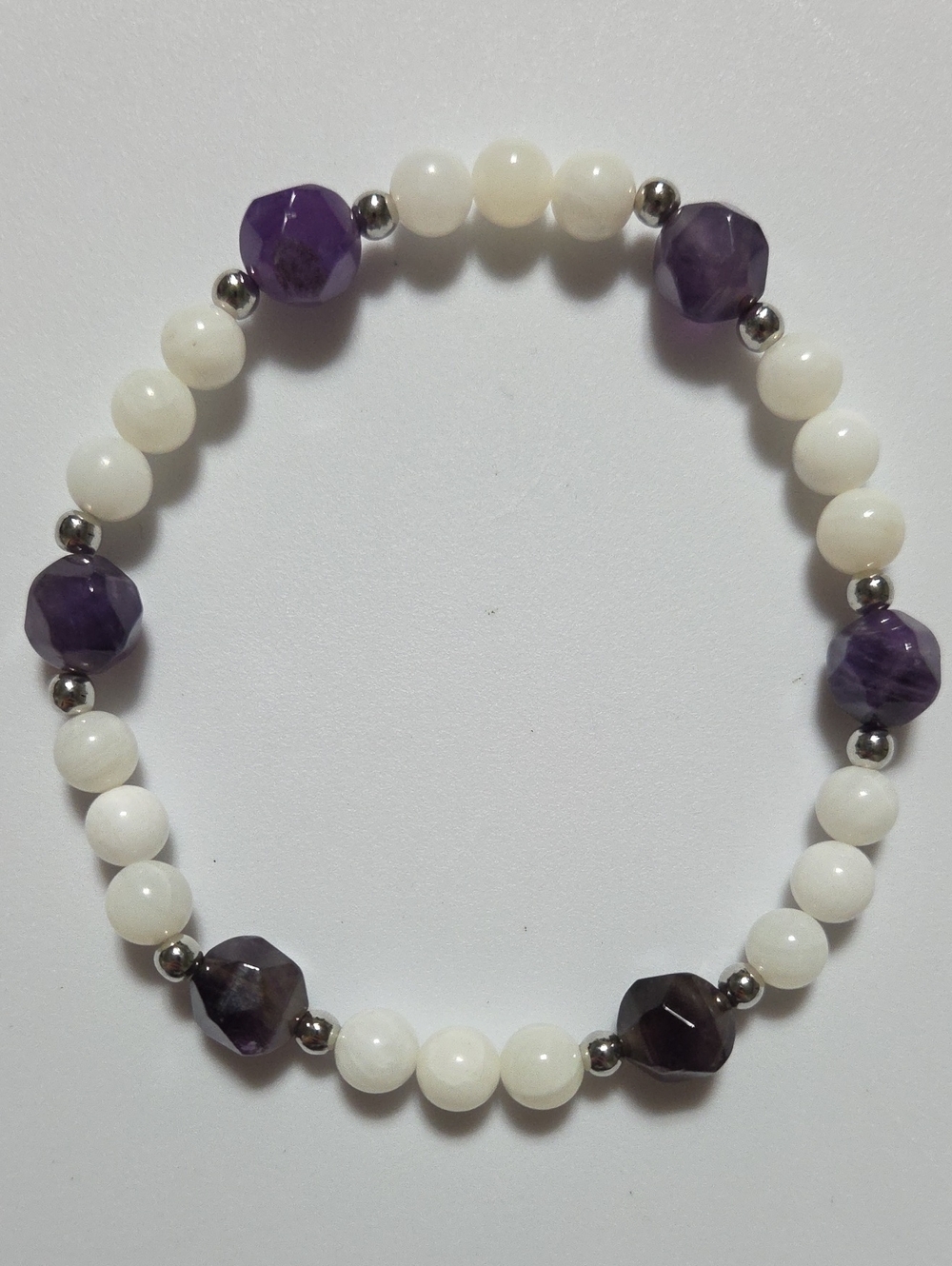 Handmade Amethyst Moonstone Stretch Bracelet 8" Faceted Gemstone Artisan Jewelry